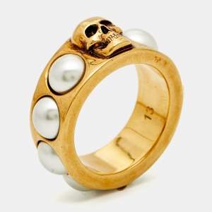 Alexander McQueen Faux Pearl Gold Tone Skull Ring Size 53