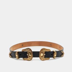 Alexander McQueen Black Embossed Leather Double Buckle Belt 75CM