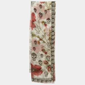 مملوكة مسبقًا Alexander McQueen White Rose and Skull Print Silk Scarf