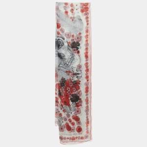 مملوكة مسبقًا Alexander McQueen White Floral and Skull Print Silk Scarf