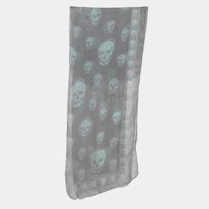 Pre Owned Alexander McQueen Grey Skull Printed Silk Square Scarf