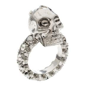 Alexander McQueen Skull Crystal Embedded Silver Tone Ring Size 51