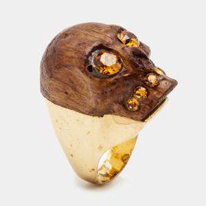 Pre Owned Alexander McQueen Brown Wooden Skull Crystal Studded Gold Tone Ring Size 53