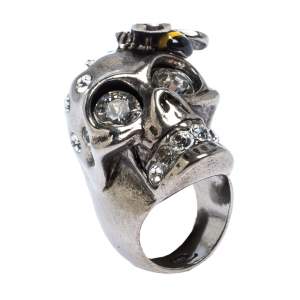 Pre Owned Alexander McQueen Bee Crystal Studded Skull Silver Tone Ring Size 52