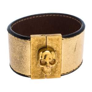 Pre Owned Alexander McQueen Gated Skull Gold Tone Leather Wide Bracelet