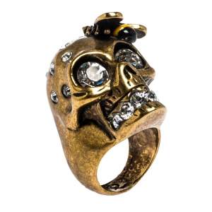 Pre Owned  Alexander McQueen Gold Tone Crystal Skull and Bee Cocktail Ring Size EU 54.5