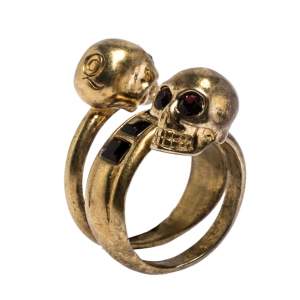 McQ by Alexander McQueen Double Crystal Skull Wrap Gold Tone Ring EU 53