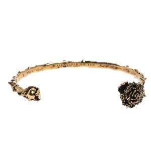 Pre Owned Alexander McQueen Crystal English Rose & Thorn Textured Gold Tone Open Cuff Bracelet M