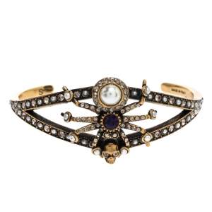 Pre Owned Alexander McQueen Crystal Faux Pearl Gold Tone Spider Open Cuff Bracelet S