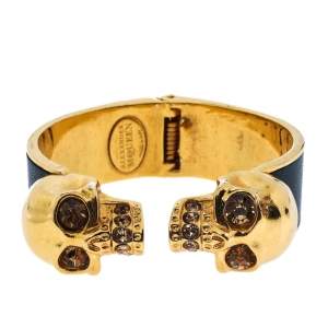 Pre Owned Alexander McQueen Black Leather Crystal Double Skull Open Cuff Bracelet