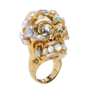 Alexander McQueen Skull Cultured Pearl Crystal Enamel Gold Tone Cocktail Ring Size 52.5