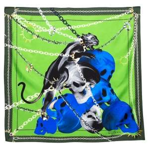 Pre Owned Alexander McQueen Green Panther Skull Print Silk Scarf