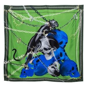 Alexander McQueen Green & Blue Panther Skull Print Silk Scarf