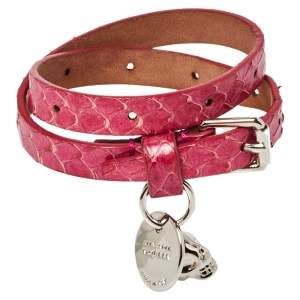 Alexander McQueen Pink Snakeskin Double Wrap Skull Bracelet