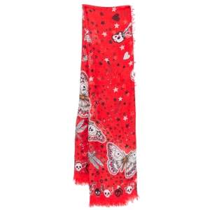 Pre Owned Alexander McQueen Red Party Skull Print Silk & Modal Scarf