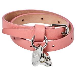 Pre Owned Alexander McQueen Pink Leather Skull Charm Double Wrap Bracelet