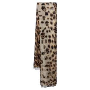 Alexander McQueen Brown Leopard Skull Print Silk Scarf