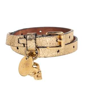 Alexander McQueen Gold Foil Print Snakeskin Double Wrap Skull Charm Bracelet