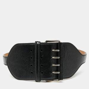 Alexander McQueen Black Patent Leather Buckle Waist Belt 80CM