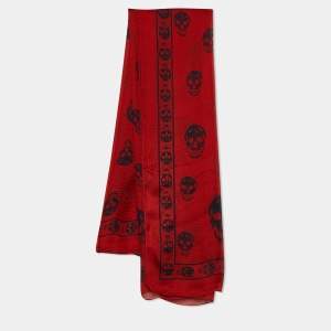 Alexander McQueen Red Skull Print Silk Scarf