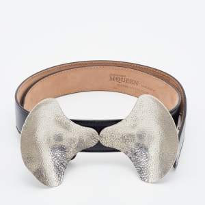 Alexander McQueen Black Leather Sculptured Metal Bow Belt 75CM