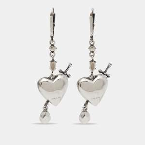 Alexander McQueen Heart Dagger Crystals Silver Tone Long Earrings