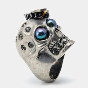 Alexander McQueen Bee Crystal Studded Skull Silver Tone Ring Size 51