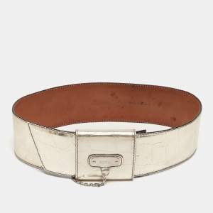 Alexander McQueen Light Gold Croc Embossed Leather Logo Wide Waist Belt