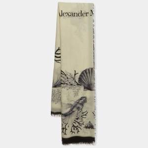 Alexander McQueen Ivory Underwater Graphic Print Wool Shawl 