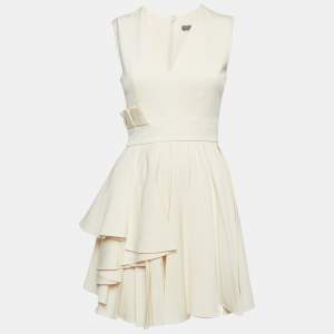 Pre Owned Alexander McQueen Beige Wool Pleated Mini Dress S