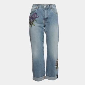 Pre Owned Alexander McQueen Blue Embroidered Floral Denim Boyfriend Jeans S Waist 28"