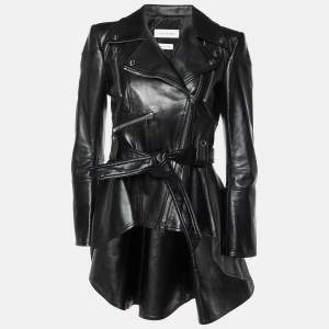 Alexander McQueen Black Leather Peplum Biker Jacket  M