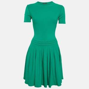 Pre Owned Alexander McQueen Green Jersey Pleated Mini Dress M