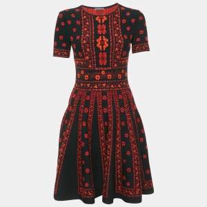 Alexander McQueen Black Floral Jacquard Knit Flared Short Dress M