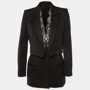 Alexander McQueen Black Wool & Lace Inset Cocktail Blazer M