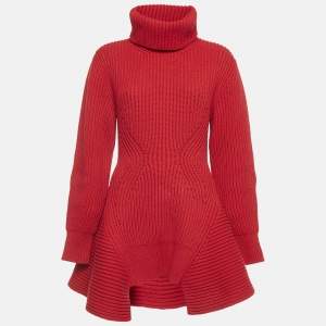 Alexander McQueen Red Wool Rib Knit Asymmetric Turtle Neck Sweater S