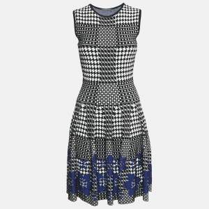 Alexander McQueen Black/Blue Patterned Stretch Knit Short Dress XS