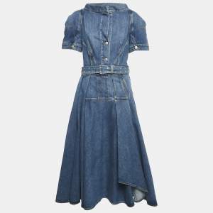 Alexander McQueen Blue Denim Puff Sleeve Flared Midi Dress M