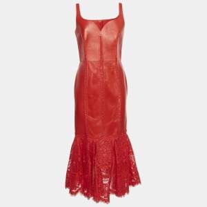 Alexander McQueen Red Leather and Lace Peplum Midi Dress M
