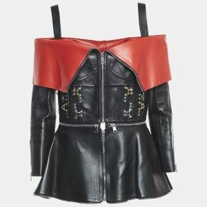 Alexander McQueen Black/Red Leather Zip Front Cold-Shoulder Top M