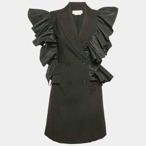Alexander McQueen Black Wool and Ruffled Double Breasted Mini Dress S