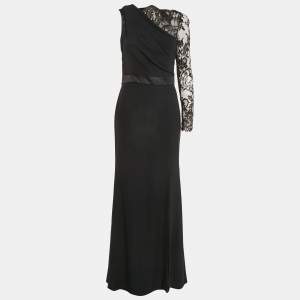Alexander McQueen Black Lace Trim Crepe Asymmetric Sleeve Maxi Dress M