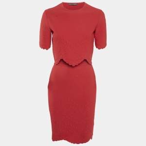 Alexander McQueen Red Textured Stretch Knit Scallop Hem Top and Skirt Set M/XS