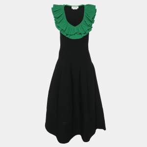 Alexander McQueen Black/Green Jersey Flounced Plunge Neck Dress S