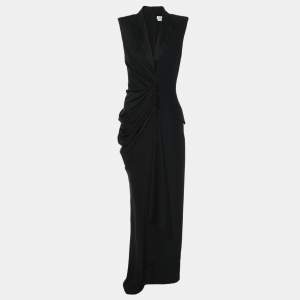 Alexander McQueen Black Crepe Satin Long Leaf Draped Dress XS