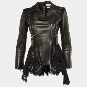 Alexander McQueen Black Leather & Lace Peplum Jacket S