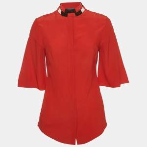 Alexander McQueen Red Silk Beaded High Neck Top S
