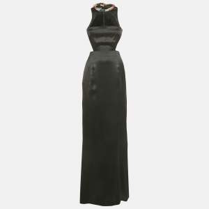 Pre Owned Alexander McQueen Black Jeweled Neck Satin Cut-Out Maxi Dress S