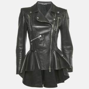 Pre Owned Alexander McQueen Black High Low Peplum Leather Jacket M