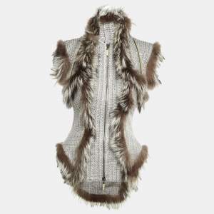 Pre Owned Alexander McQueen Grey Tweed & Fur Trim Sleeveless Asymmetric Hem Vest M